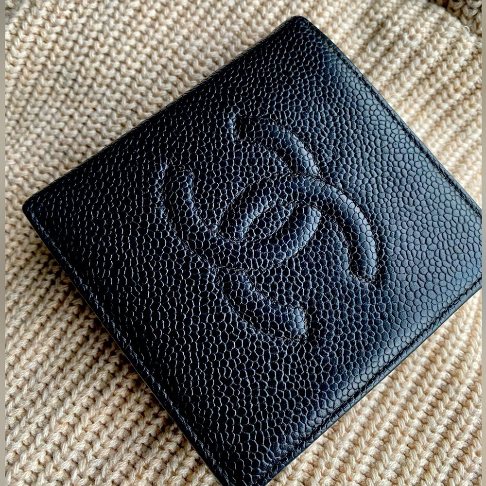 Chanel black caviar leather CC bifold wallet